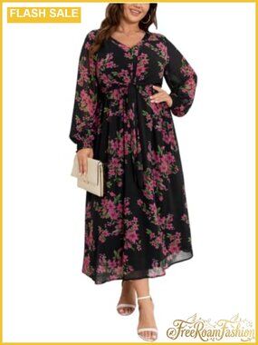 Plus Size Chiffon Maxi Dress V-Neck Lantern Sleeve Wedding Guest